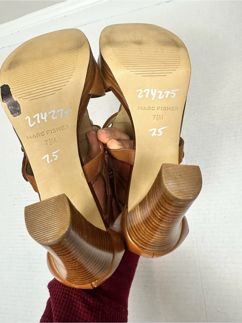 Marc Fisher Tan/Cognac Leather T-Strap Platform High Heel Sandals – Size 7.5M